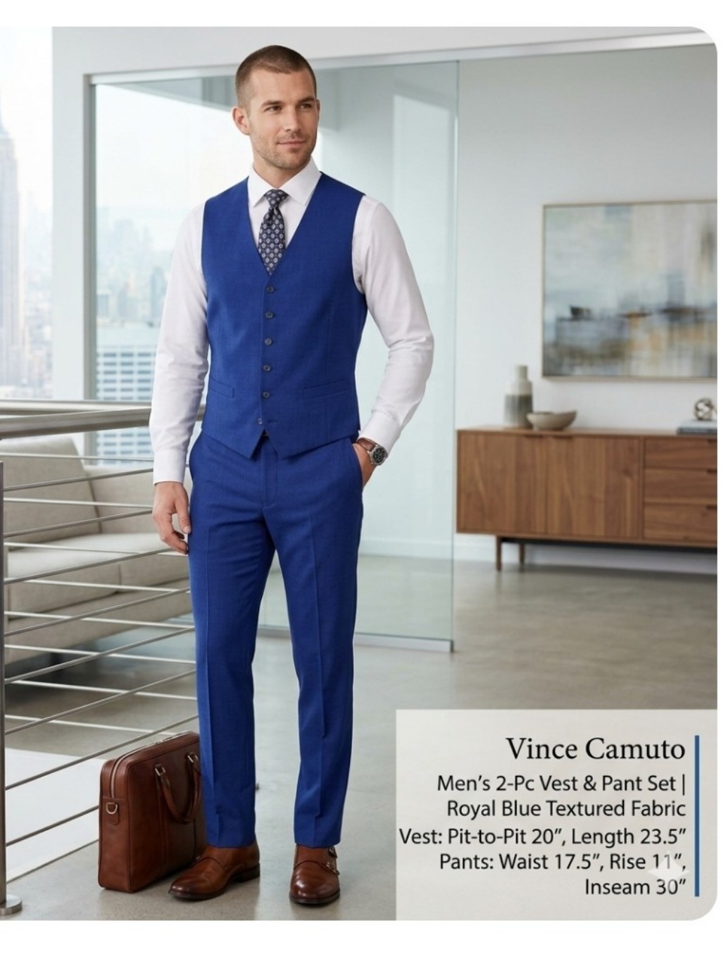 Vince Camuto Men's Modern Blue Slim Fit Stretch 2piece Vest & Pant Set